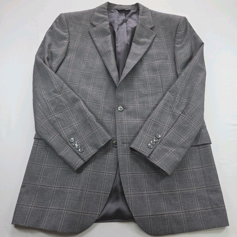 Jos A Bank Signature Sport Coat 42L Gray Windowpane Plaid 100% Wool Blazer